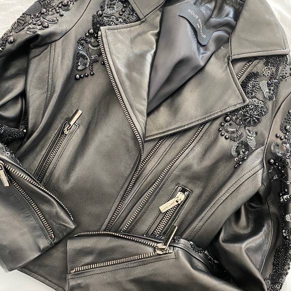 Nour Hammour Sophia Zip-Front Leather Jacket w/ Studded Embroidered Sleeves - Picture 4 of 14